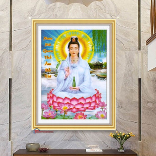 Tranh đính đá DF349 (55cm x 75cm), tranh thêu chữ thập quan thế âm bồ tát 88861 (44cm x 59cm)