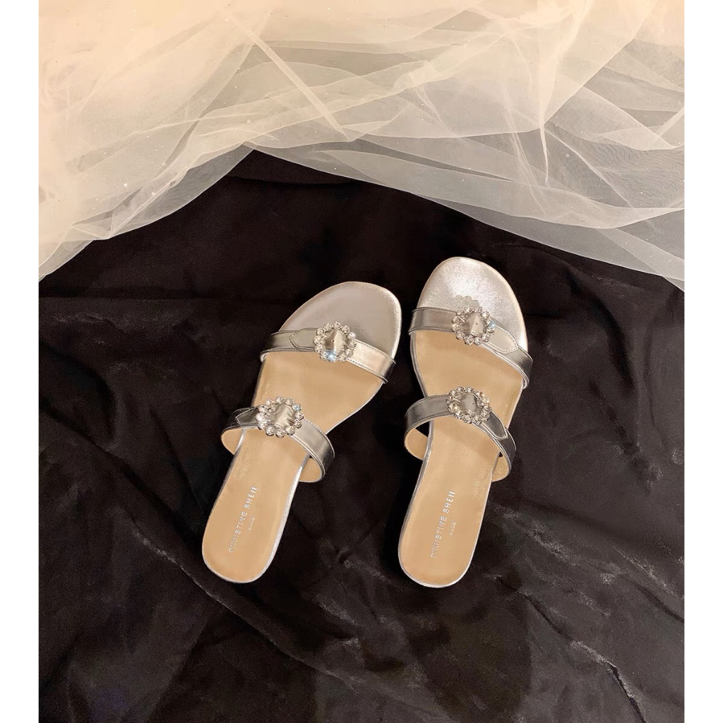 Dép sandal nữ đế thấp 1 cm dây quai ngang đính hoa phản quang lấp lánh BO SHOP