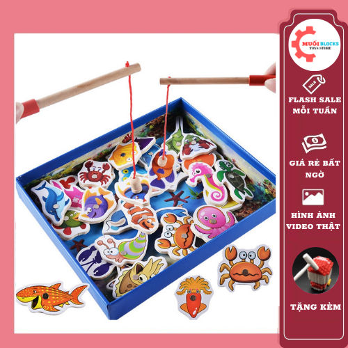 Đồ chơi câu cá bằng gỗ có nam châm 32 con chi tiết cho bé - Muối blocks