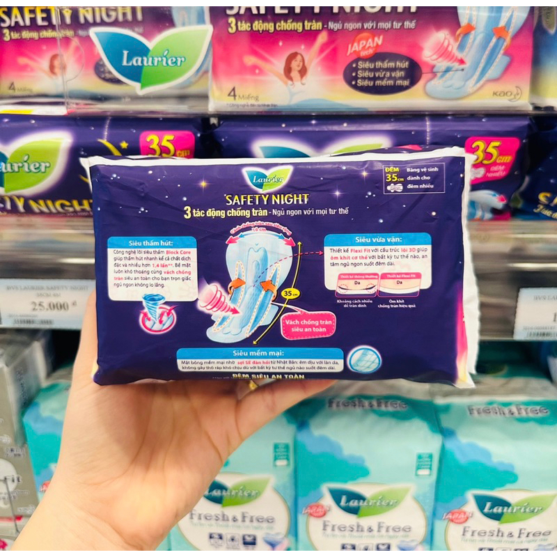 Băng Vệ Sinh ban đêm Laurier Safety Night siêu thấm chống tràn 35cm