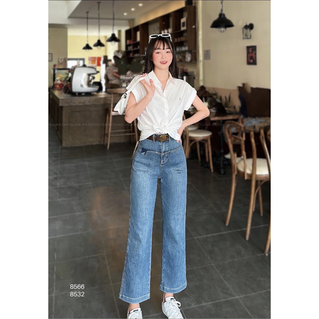 Quần jean suông 2 túi trước kèm đai