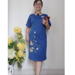 Size L, XL, 2XL (48 - 65Kg) - Váy Đầm Thêu Trung Niên - Form Suông, Tay Rộng - Vải Thun Umi Cotton