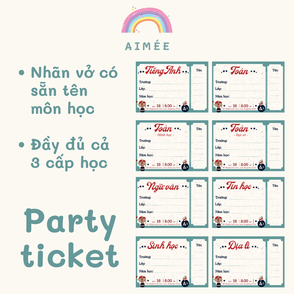 Set 16 nhãn vở môn học họa tiết Tosca Vintage Circus Party Ticket |design by Aimée|