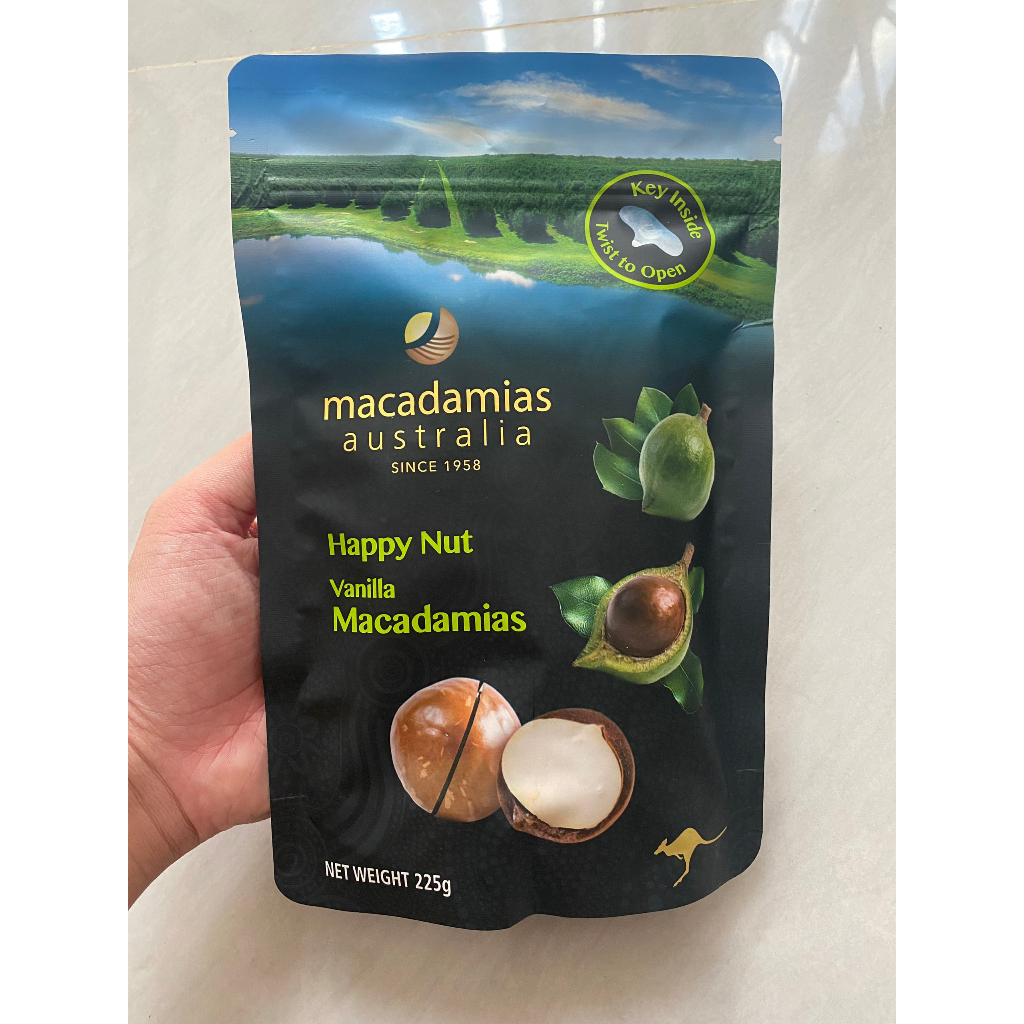 Hạt mắc ca Úc nguyên vỏ vị Vanilla Happy Nut Vanilla Macadamias Australia 225g