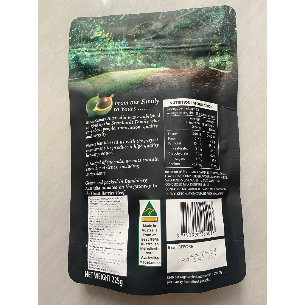 Hạt mắc ca Úc nguyên vỏ vị Vanilla Happy Nut Vanilla Macadamias Australia 225g