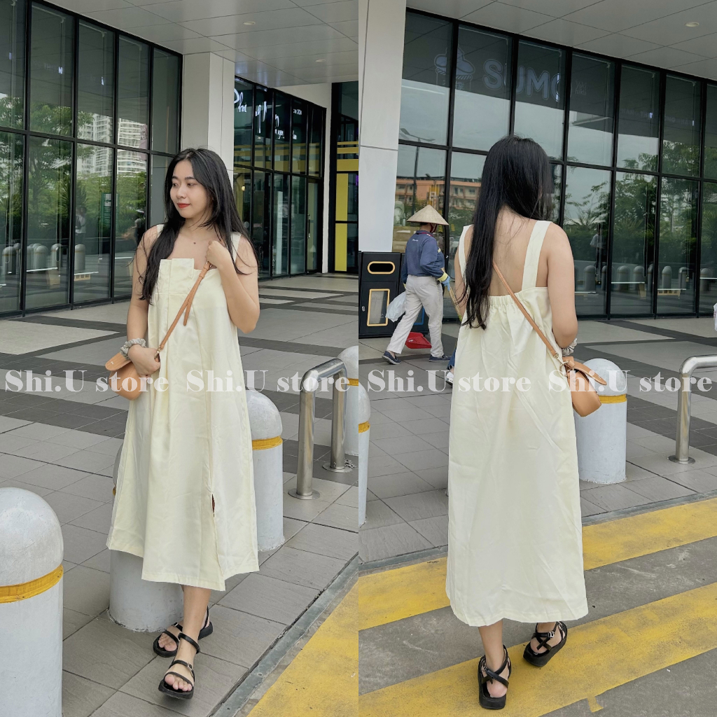 Váy 2 dây bản to xếp ly ngực dáng suông dài chun lưng có xẻ tà chất thô mềm siêu xinh