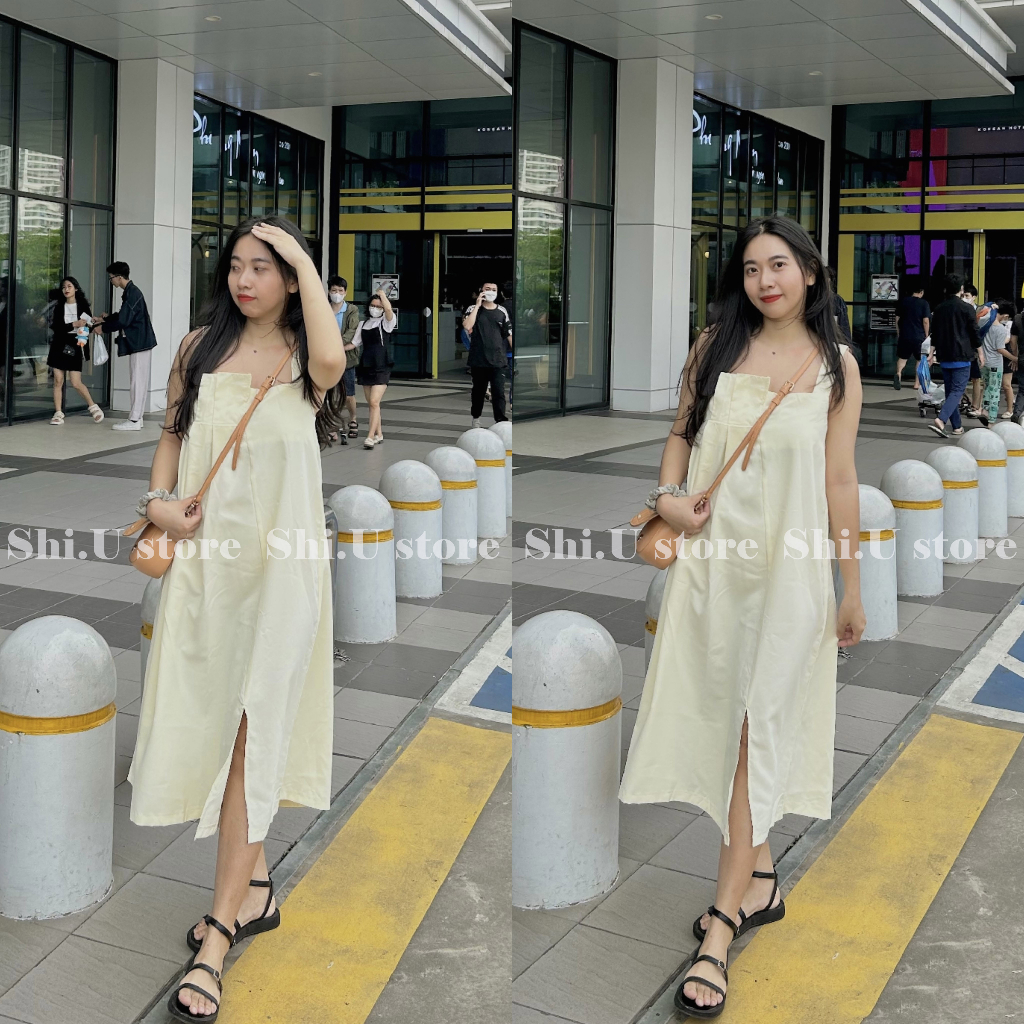 Váy 2 dây bản to xếp ly ngực dáng suông dài chun lưng có xẻ tà chất thô mềm siêu xinh