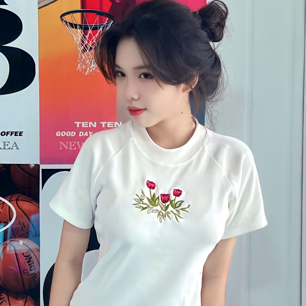 Áo Thun Baby Tee Tay Ngắn Thêu Hoa Nhí , Áo Baby Tee Cotton 100% - A179