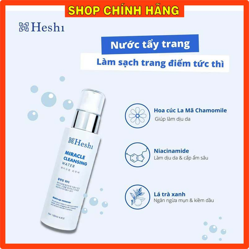 Tẩy trang Miracle Cleasing Water chính hãng của Heshi, sạch ngay tức thì lớp trang điểm, sạch sâu dịu nhẹ không kích ứng