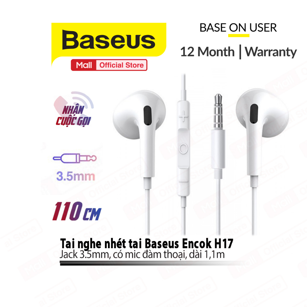 Tai nghe nhét tai Baseus Encok H17 jack 3.5mm tích hợp micro chất liệu ABS siêu bền dài 110cm