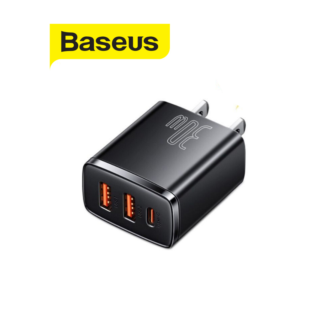 Củ sạc nhanh 30W Baseus Compact Quick Charger 2 cổng USB và 1 cổng Type-C chất liệu chống cháy cao cấp chân dẹt