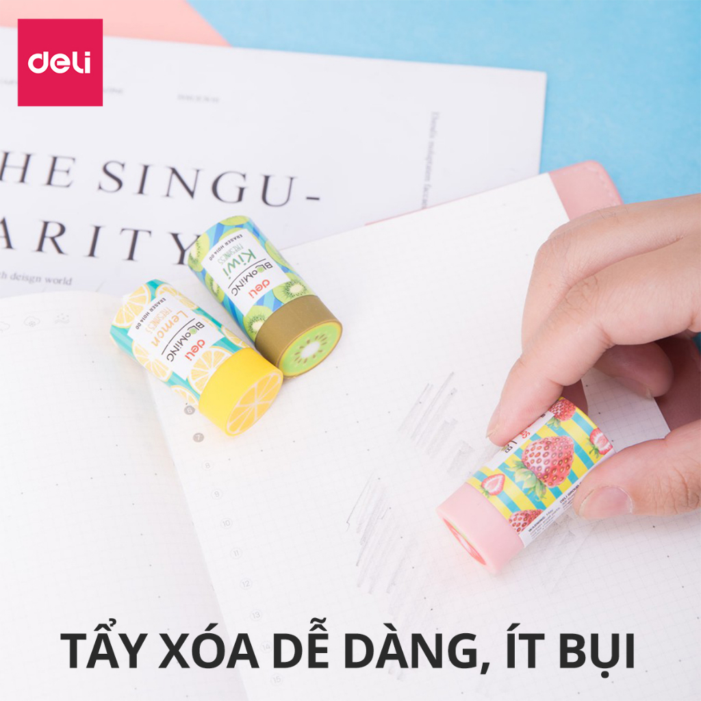 Set 3 Gôm Tẩy 2B Deli Hình Hoa Quả Dễ Thương Kiwi, Dâu, Chanh - Tẩy Sạch Ít Vụn Tẩy Trẻ Nhỏ, Học Sinh