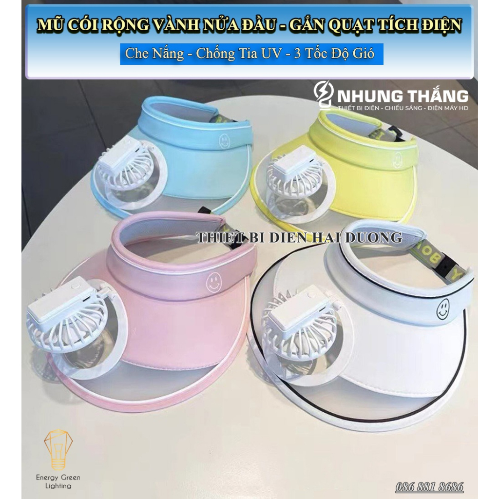 Mũ Cói Rộng Vành Nửa Đầu - Che Nắng,Chống Tia Uv Jussy Fashion - Gắn Quạt Tích Điện Làm Mát - 3 Tốc Độ Gió
