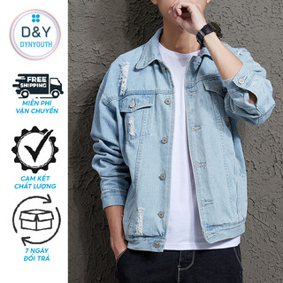 Áo khoác jean Nam form rộng cao cấp DYNYOUTH phối xước cá tính sành điệu chuẩn Men