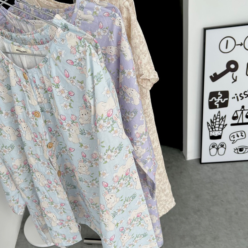 𝐚𝐬𝐡𝐞𝐱𝐢𝐧𝐜𝐡𝐚𝐨:  pyjama, bộ mặc nhà cổ tròn hoạ tiết nông trại thỏ cutie thô cotton
