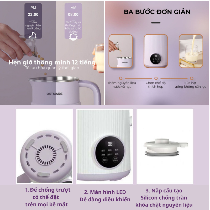 Máy Làm Sữa Hạt, Máy Nấu Sữa Hạt OSTMARS Đa Năng 800ML, Xay Nấu Tiện Lợi Bảo Hành 12 Tháng - Aichi House