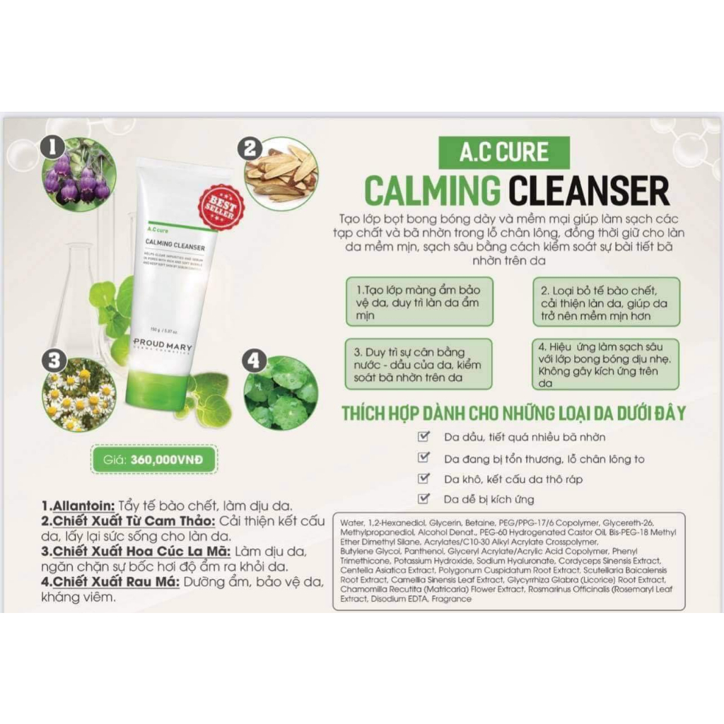 Sữa Rửa Mặt Dành Cho Da Mụn Nhạy Cảm PROUD MARY A.C CURE CALMING CLEANSER 150G