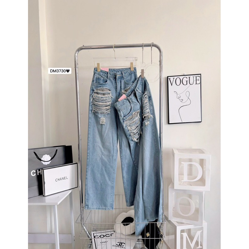 QUẦN Suông JEANS RÁCH TÚI KO CO GIÃN- hình thật sàn