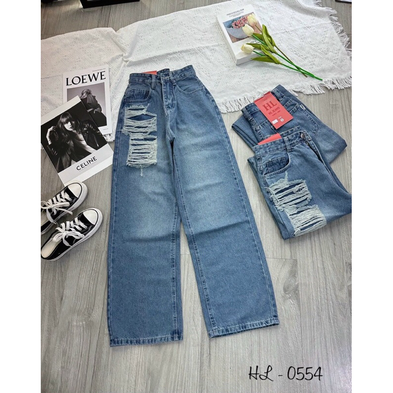 QUẦN Suông JEANS RÁCH TÚI KO CO GIÃN- hình thật sàn