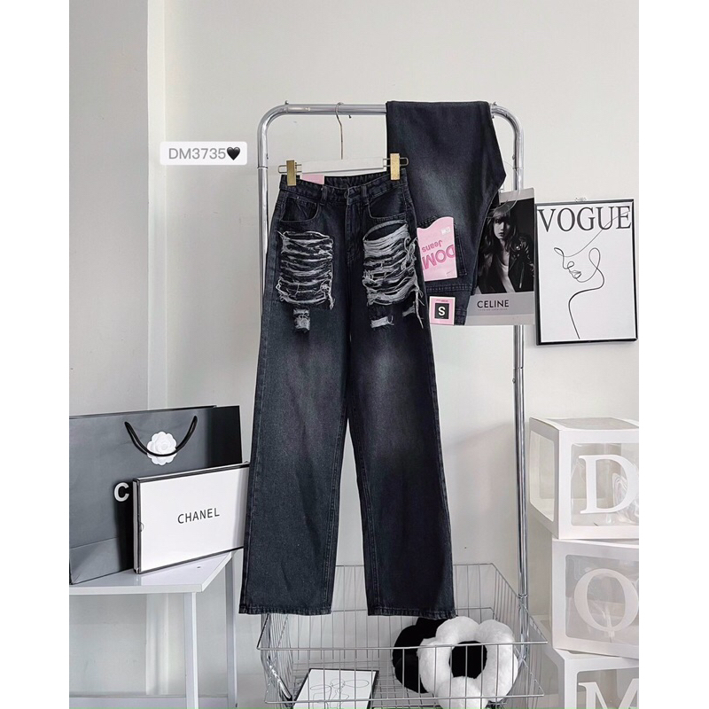 QUẦN Suông JEANS RÁCH TÚI KO CO GIÃN- hình thật sàn