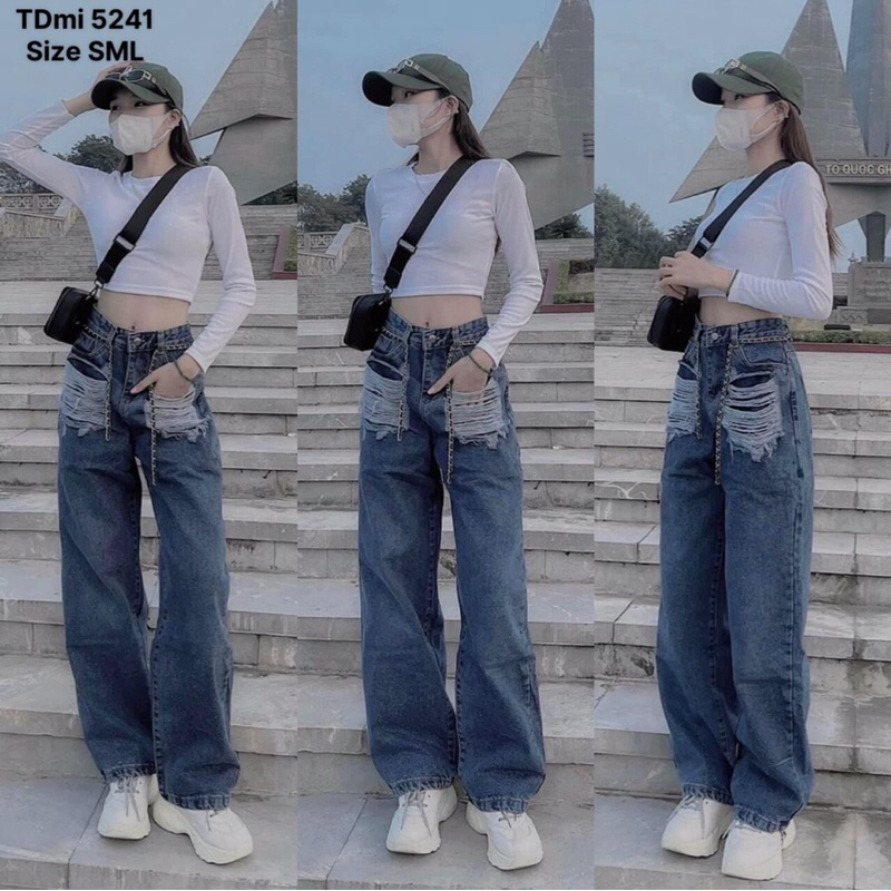 QUẦN Suông JEANS RÁCH TÚI KO CO GIÃN- hình thật sàn