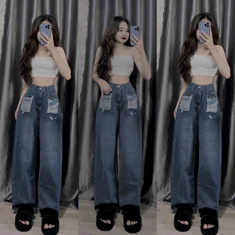 QUẦN Suông JEANS RÁCH TÚI KO CO GIÃN- hình thật sàn