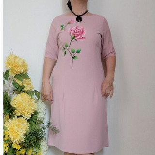 Size 2XL (68 - 74kg) - Váy Đầm Trung Niên Vẽ Tay Dáng Suông - Vải Thun Nhật Co Giãn - Có dây Kéo + 2 Túi