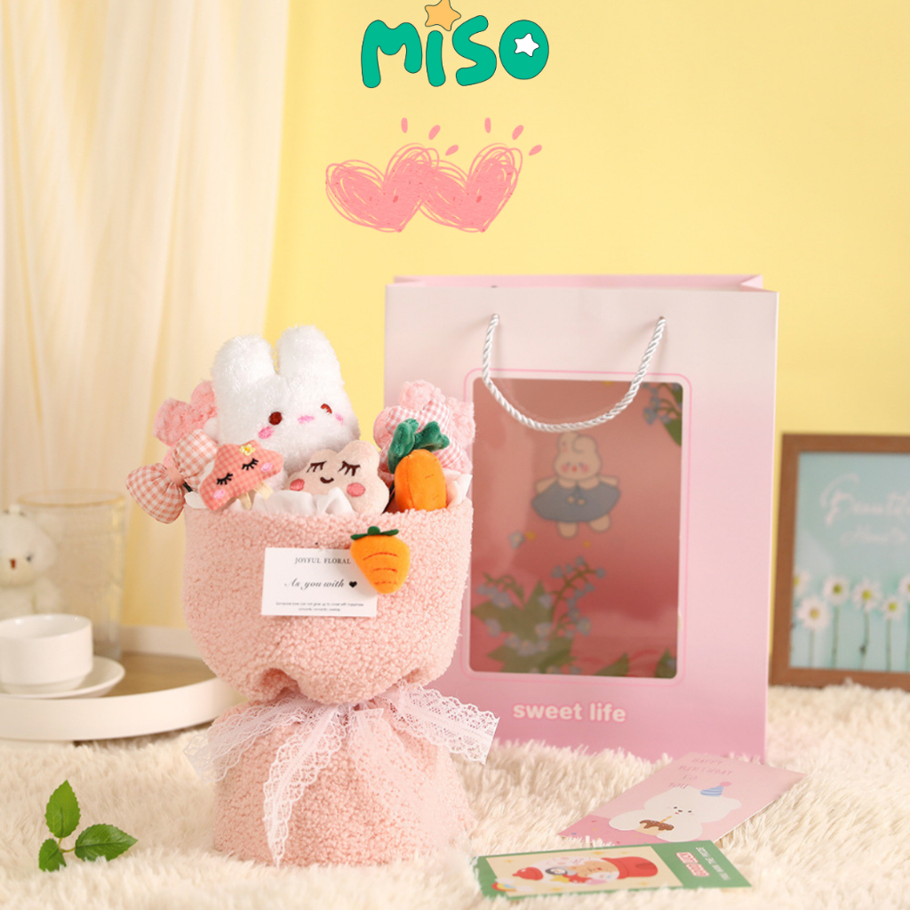 Bó Hoa Gấu Nhồi Bông Xinh Xắn Nhiều Mẫu Gấu Đáng Yêu Làm Quà Tặng, Có Kèm Túi Và Đèn, Gấu Bông Miso