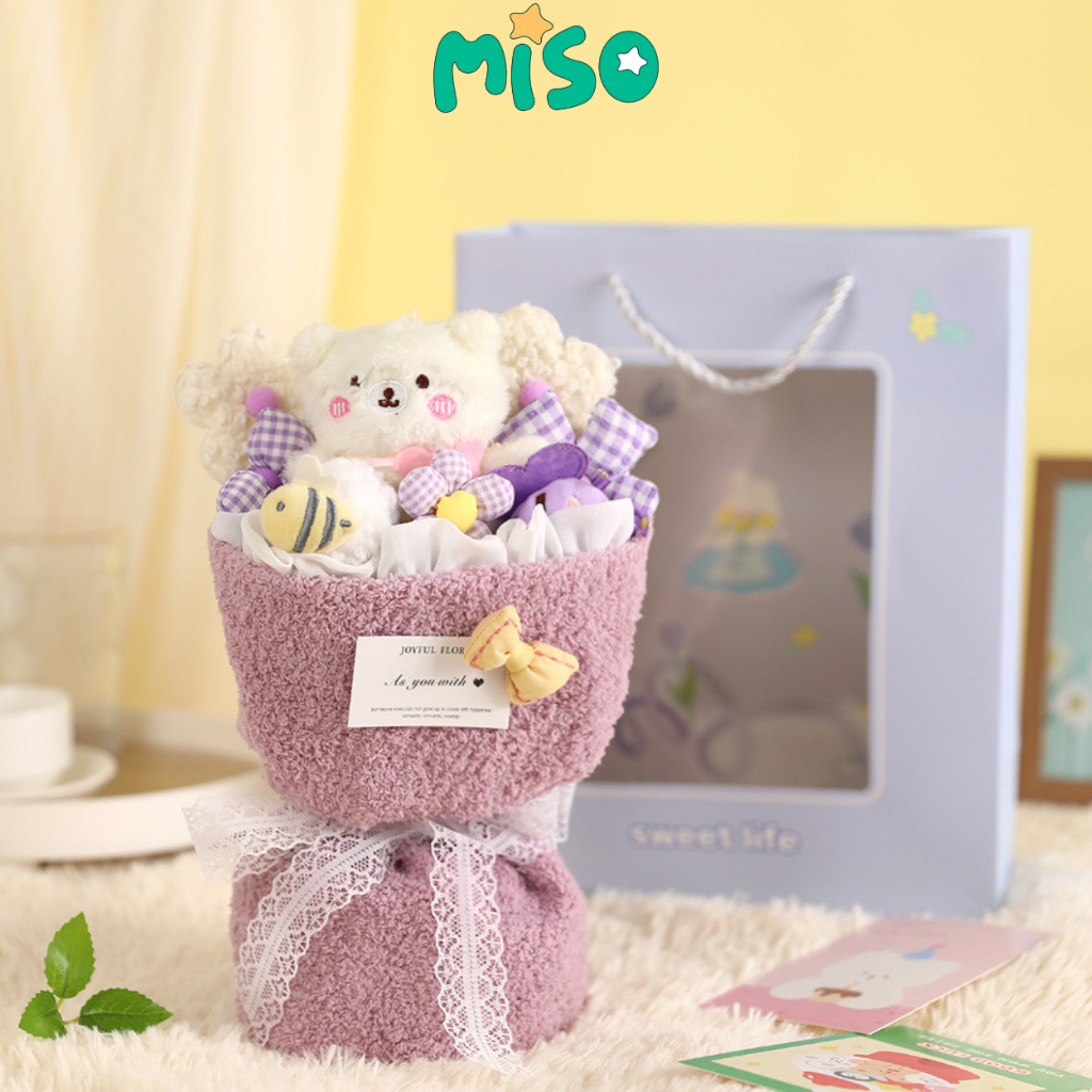 Bó Hoa Gấu Nhồi Bông Xinh Xắn Nhiều Mẫu Gấu Đáng Yêu Làm Quà Tặng, Có Kèm Túi Và Đèn, Gấu Bông Miso
