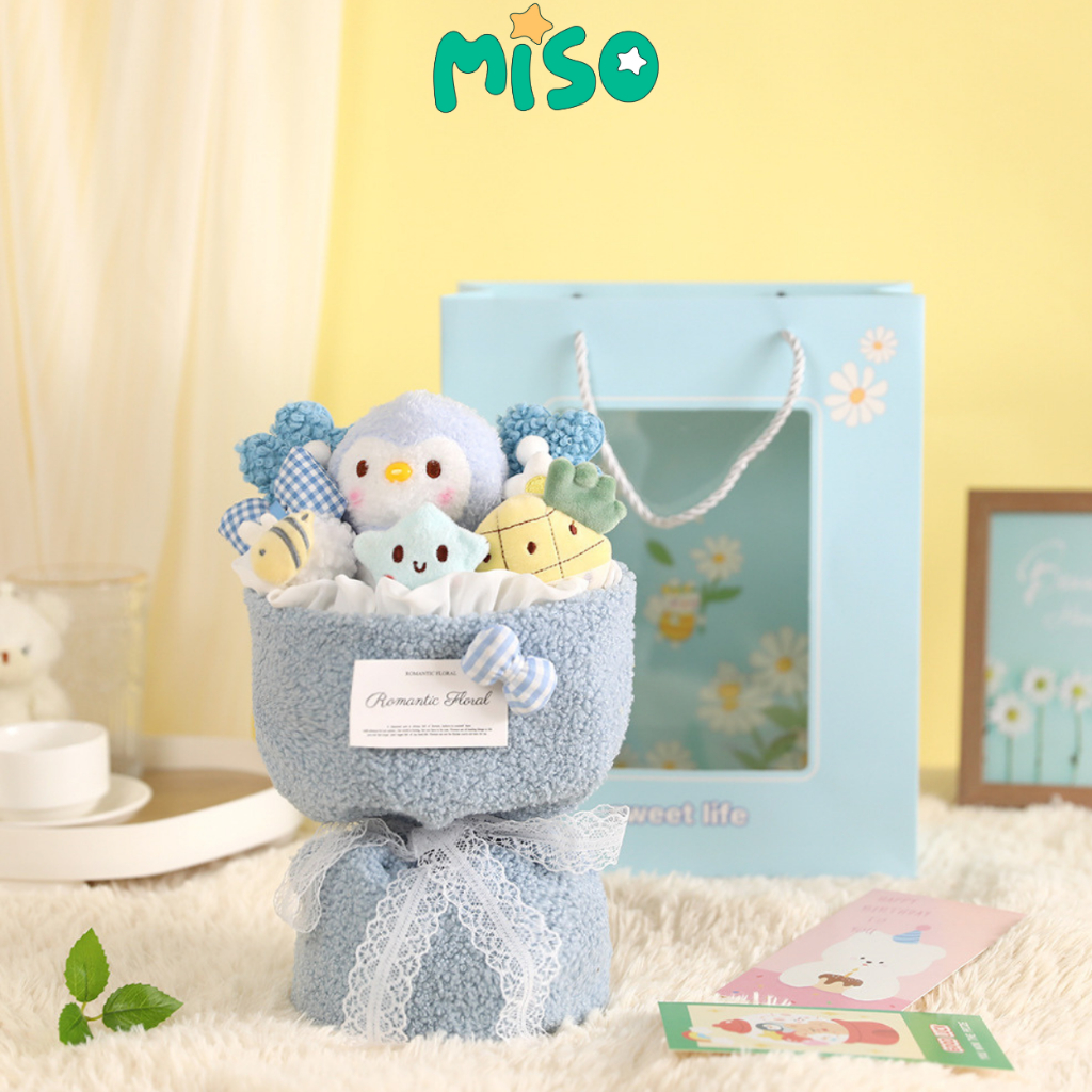 Bó Hoa Gấu Nhồi Bông Xinh Xắn Nhiều Mẫu Gấu Đáng Yêu Làm Quà Tặng, Có Kèm Túi Và Đèn, Gấu Bông Miso