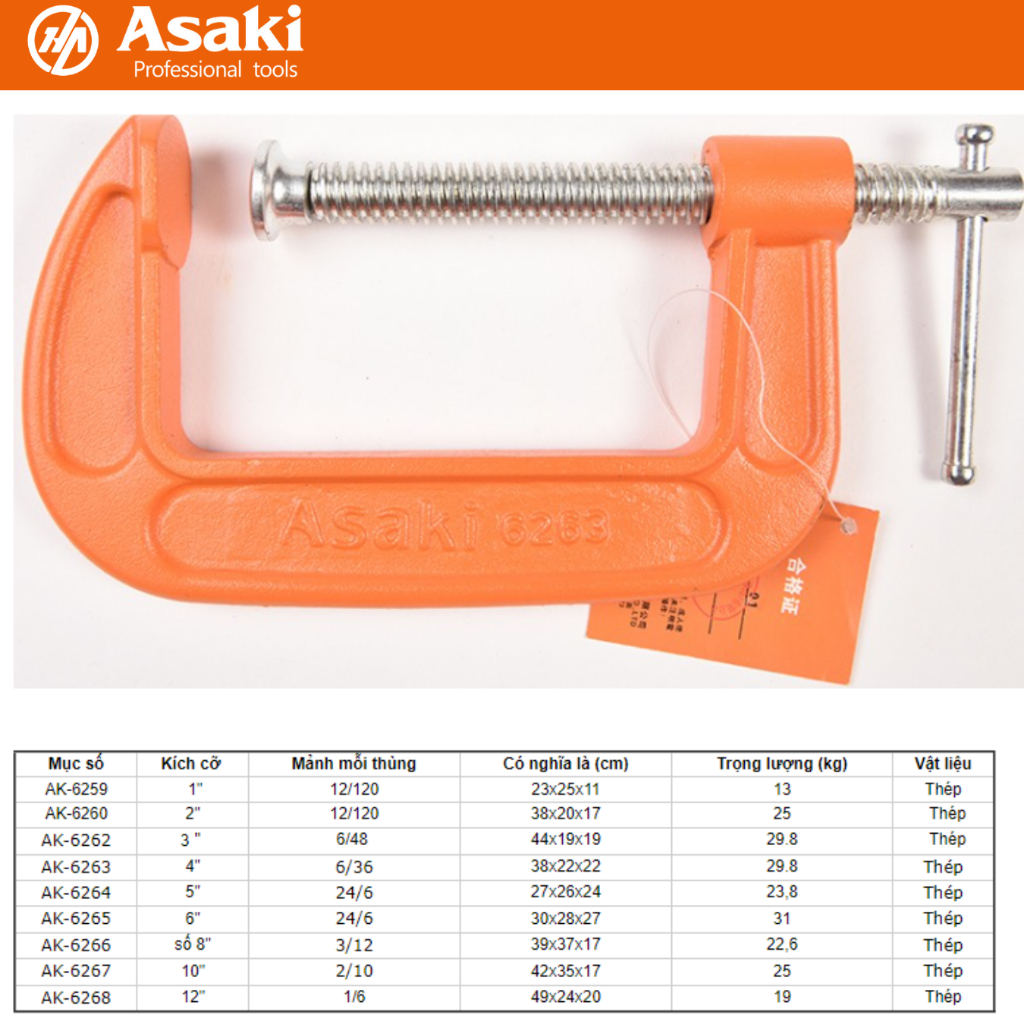 Vam cảo chữ C 2inch/50mm Asaki AK-6260 đủ bộ Vam cảo chữ G từ 5 cm - 20 cm