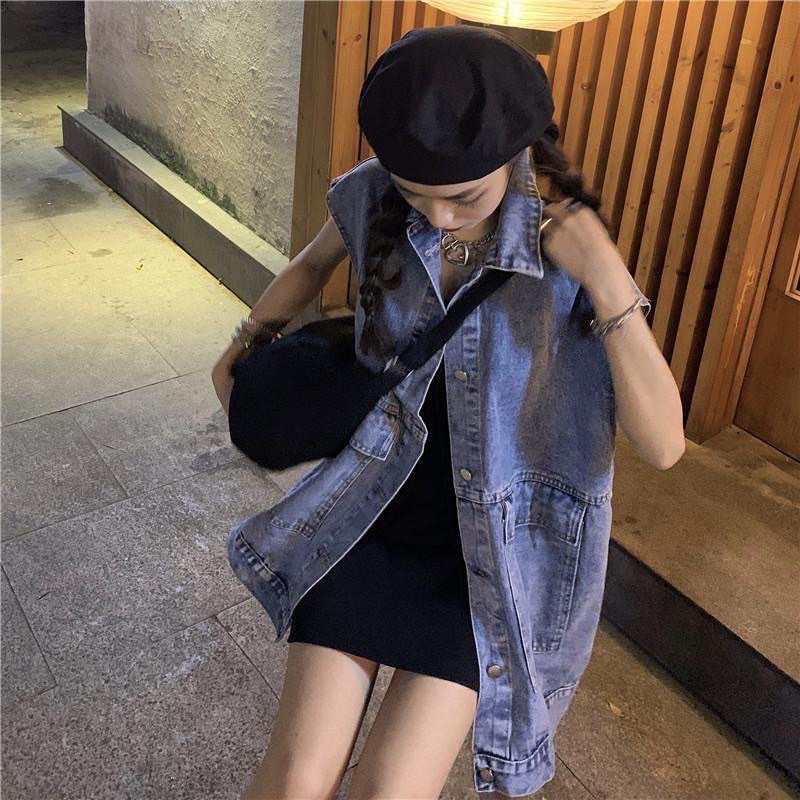 Áo Khoác Gile Bò Unisex Áo Gile Denim Dáng Rộng Có Túi Cổ Bẻ Cá Tính XXL
