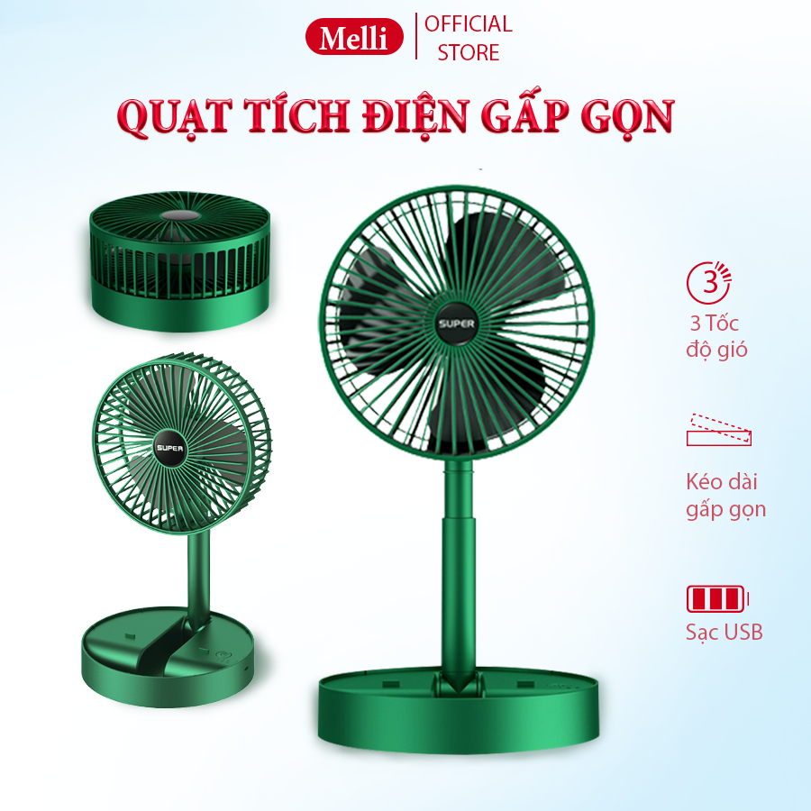 Quạt Tích Điện Để Bàn Mini Melli Gấp Gọn Kéo dài 3 Tốc Độ Gió Xoay 360 Độ Cổng Sạc Usb Tiện Dụng Pin Lớn 1200mAh | BigBuy360 - bigbuy360.vn