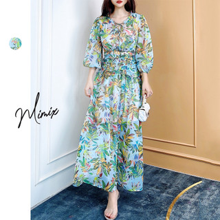 Đầm maxi nữ hoa tay dài nhún eo MIMIX CO6225