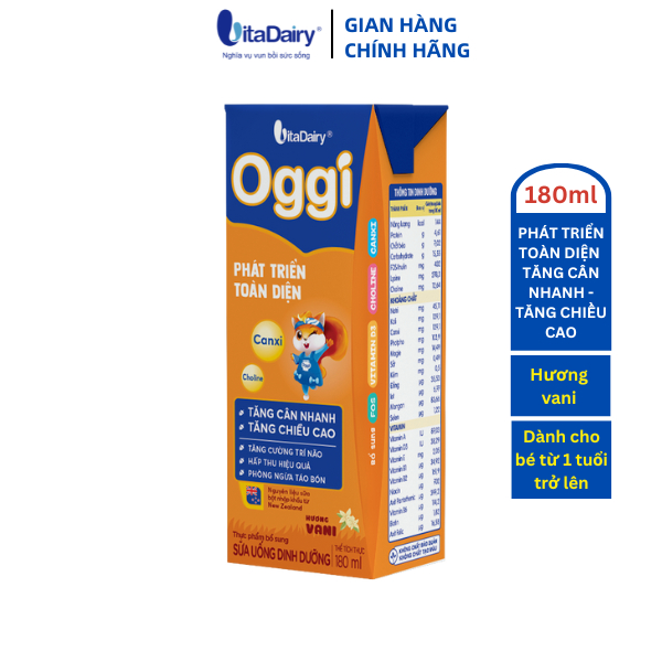 Sữa uống dinh dưỡng Oggi Vani 180ml giúp bé tăng cân nhanh, tăng chiều cao, phát triển toàn diện / lốc 4 hộp - VitaDairy