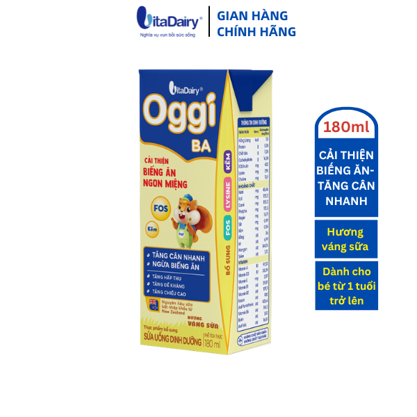 Sữa uống dinh dưỡng Oggi BA Váng Sữa 180ml giúp bé tăng cân nhanh, ngừa biếng ăn / lốc 4 hộp - VitaDairy