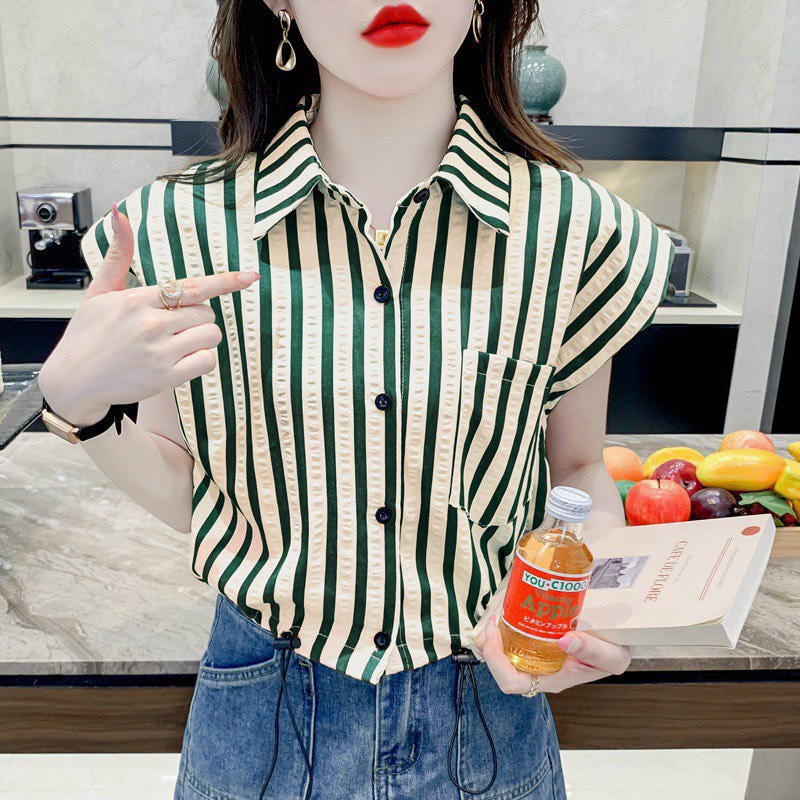 Áo Sơ Mi Kẻ Thời Trang Siêu Đẹp- Áo Sơ Mi Kẻ Cộc Tay Rút Eo- Hàng QC