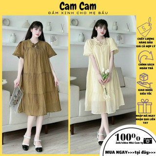 Váy bầu Đầm bầu chất dũi cổ viền bèo 2 trắng nâu màu có dây eo