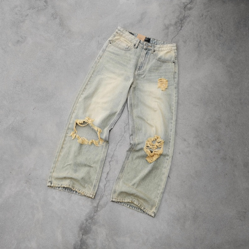 Quần jeans nam nữ dáng rộng CANDLES DENIM KNEE BLOW-OUT thiết kế rách to dưới đầu gối denim 13oz chính hãng