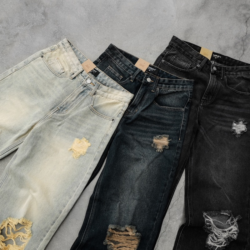 Quần jeans nam nữ dáng rộng CANDLES DENIM KNEE BLOW-OUT thiết kế rách to dưới đầu gối denim 13oz chính hãng