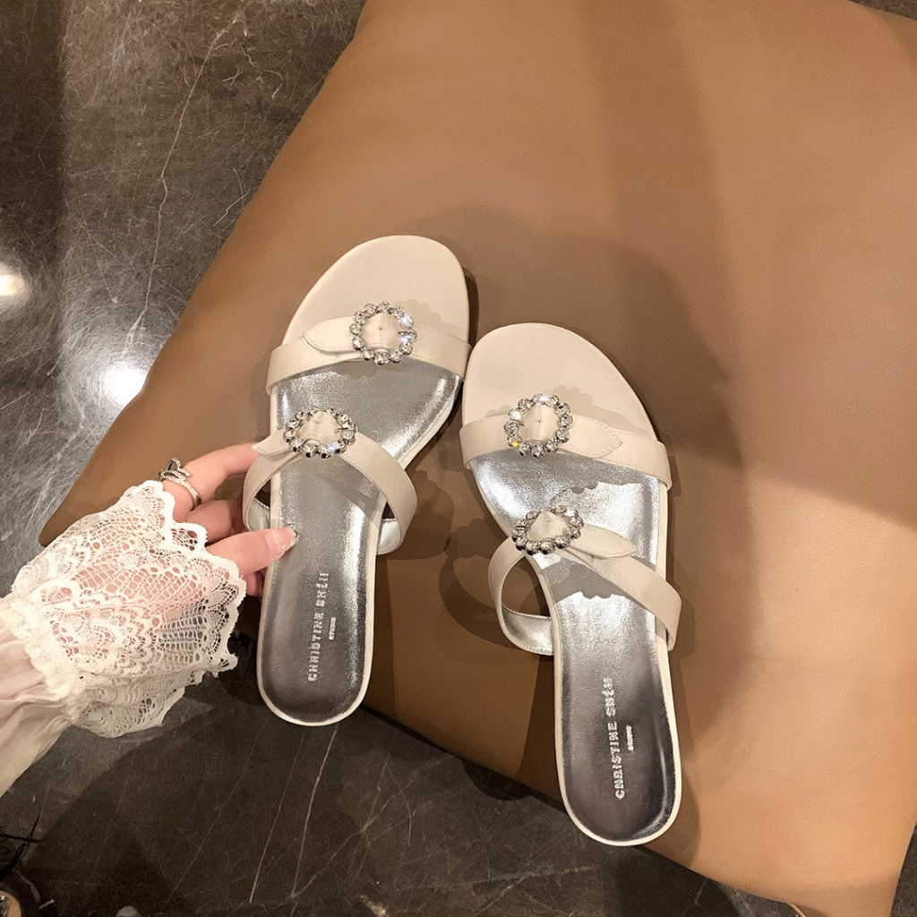Dép sandal nữ đế thấp 1 cm dây quai ngang đính hoa phản quang lấp lánh BO SHOP
