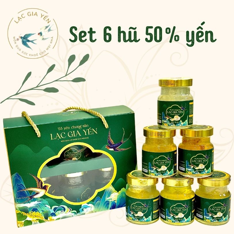 Yến hũ chưng sẵn LẠC GIA YẾN - SET 6 HŨ YẾN CHƯNG SẴN LOẠI 50% YẾN - Tặng thìa hoa mai xinh xắn