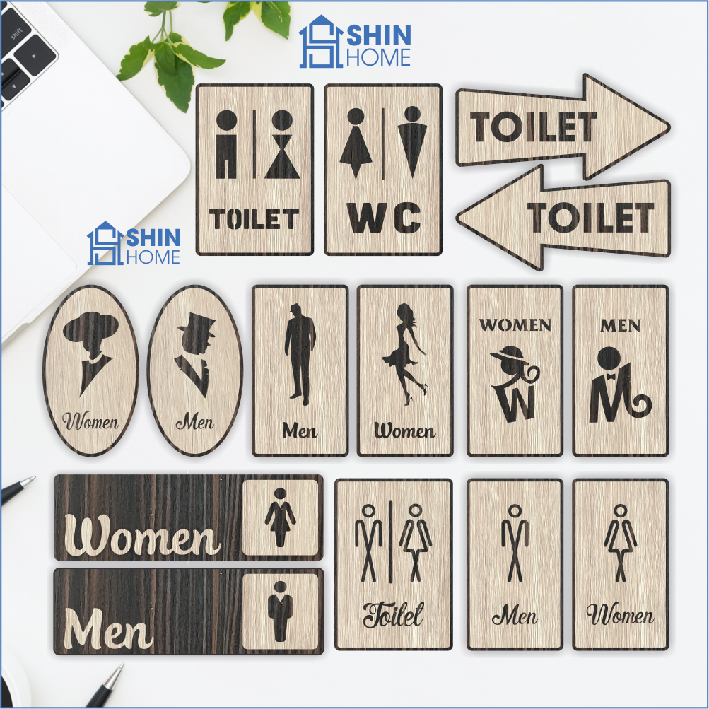 Bảng gỗ toilet trang trí decor WC - Phòng vệ sinh nam nữ có sẵn keo dán tường
