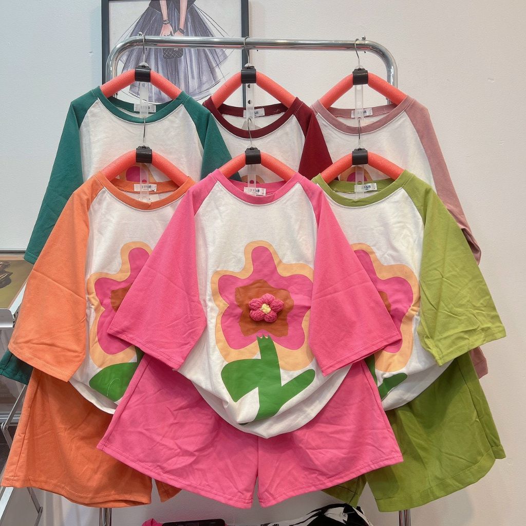 Set bộ quần áo đùi nữ form rộng áo siêu cưng, đồ bộ nữ cotton khô Quảng Châu vải mềm mát từ 45-68kg Bunny_111