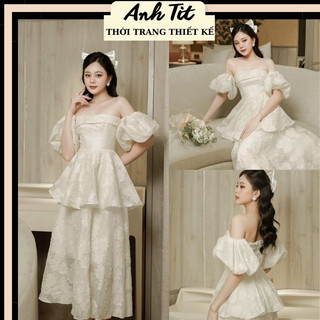 Set Gấm Hoa Midi Trễ Vai, Đầm Gấm Hoa Trễ Vai Tay Bồng Dáng Dài Đi Tiệc Đi Chơi Siêu Xinh - Anh Tít Boutique