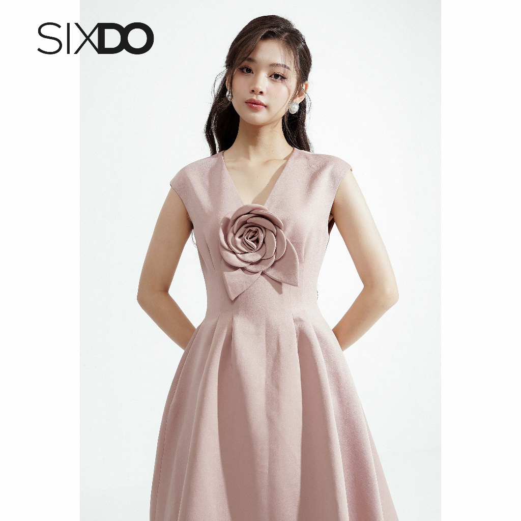 Đầm taffeta sát nách cổ V thời trang SIXDO (Light Brown V-neck Midi Taffeta Dress)