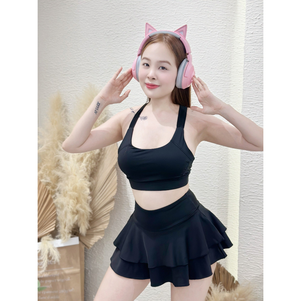 Bộ tập Gym Aerobic nữ, đồ đi biển đi bơi nữ áo bra chân váy xoè 2 tầng có quần bảo hộ chất thun lạnh co giãn( VAY09)