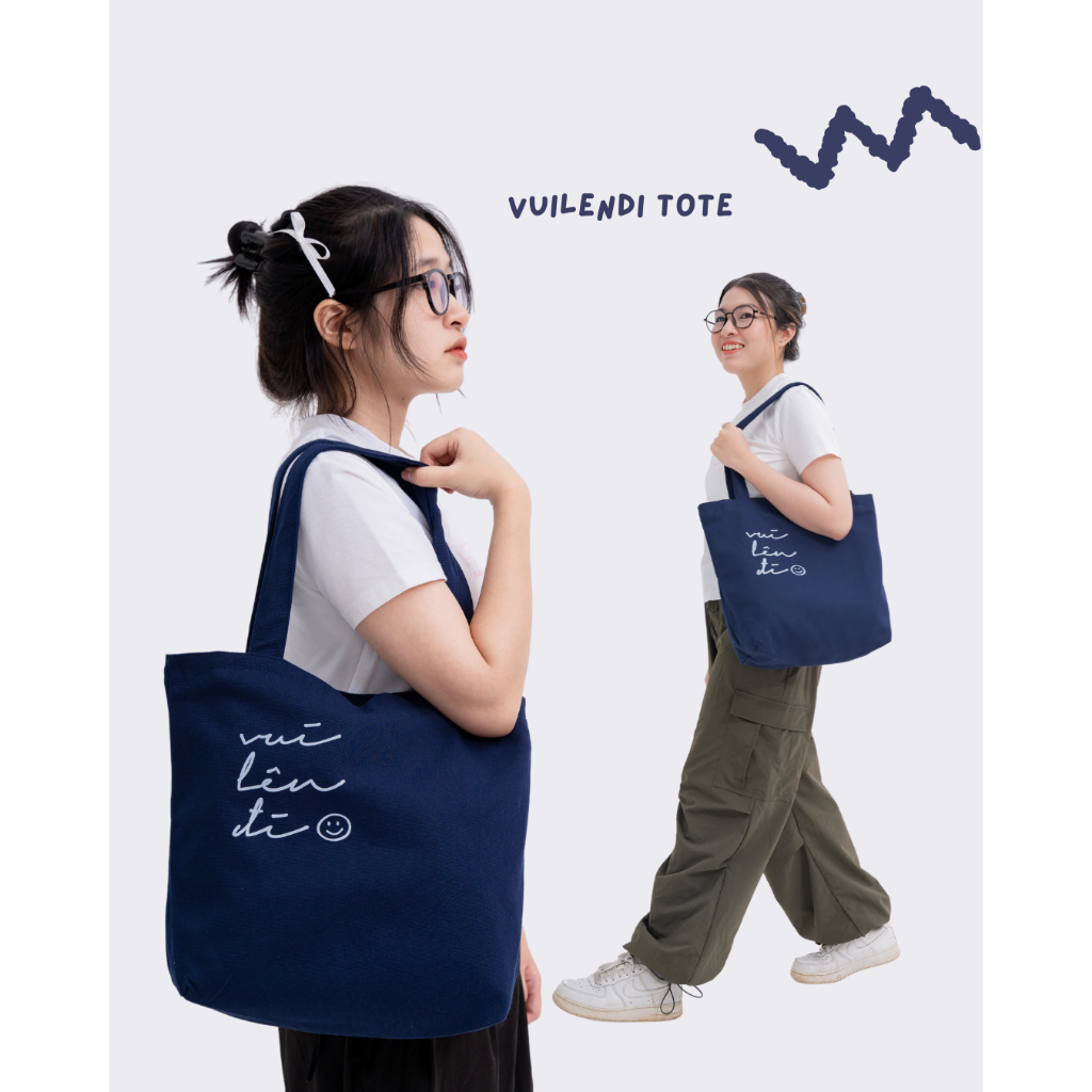 Túi tote đeo vai xanh navy cute - Vui Lên Đi