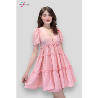 [Chính hãng] Set quần + đầm baby doll cổ V sâu tay ngắn 3 tầng bèo - hồng - DE THUONG