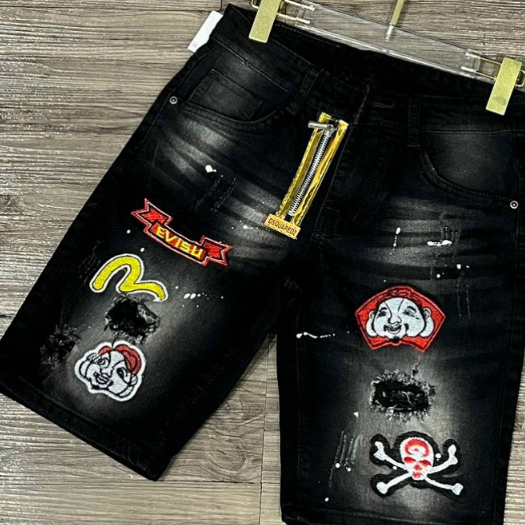 Quần short jean nam ngắn đen rách khóa kéo lệch thêu logo mẫu mới đẹp,chất jean co giãn tốt